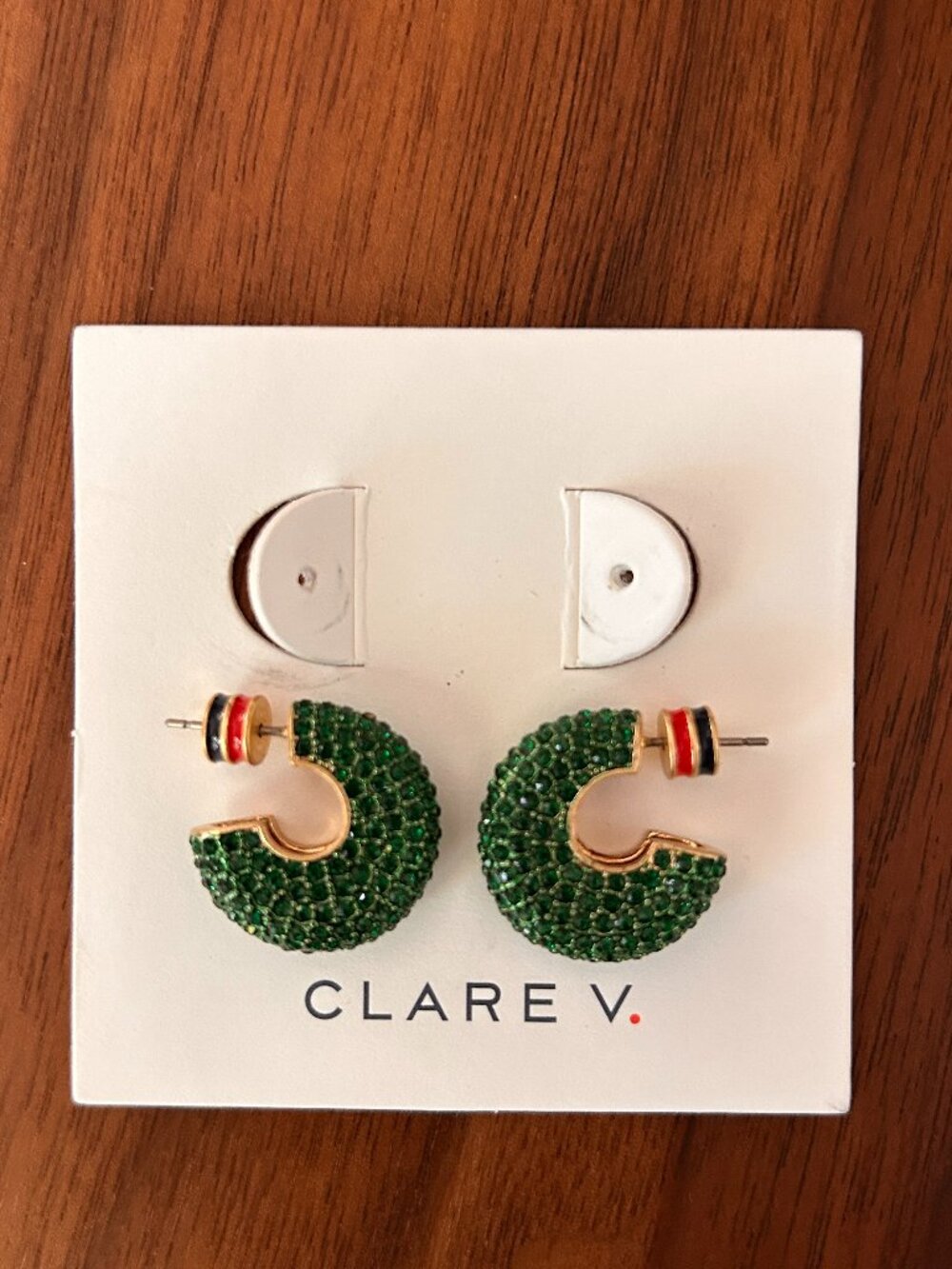 Clare V Hoop Earrings Green Glass Pavé & Gold with striped backs